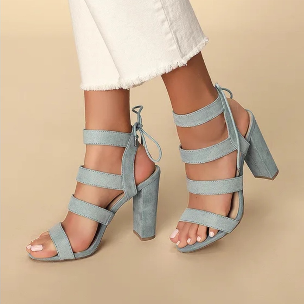 Lulu's Marlena Blue Grey Suede Caged Lace-Up Heel - Picture 2 of 9